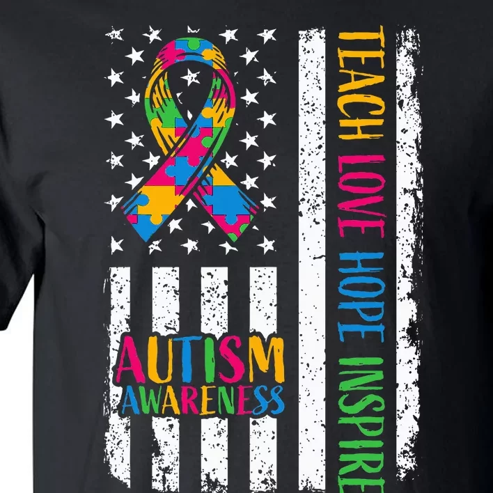 Autism Awareness Ribbon Mom Dad American Flag Autism Tall T-Shirt