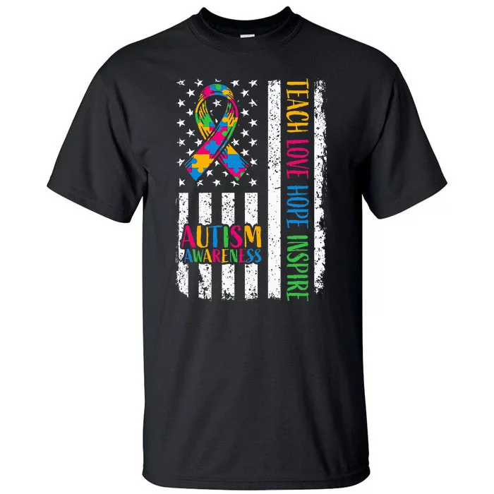 Autism Awareness Ribbon Mom Dad American Flag Autism Tall T-Shirt