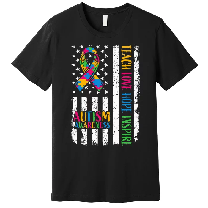 Autism Awareness Ribbon Mom Dad American Flag Autism Premium T-Shirt