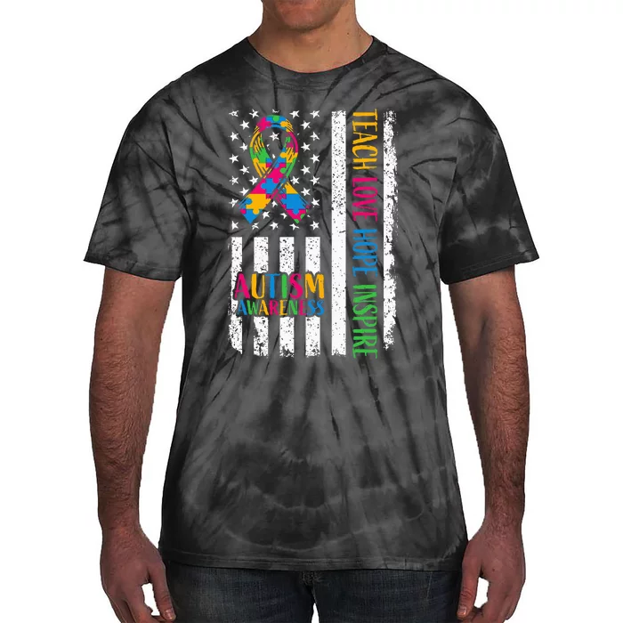 Autism Awareness Ribbon Mom Dad American Flag Autism Tie-Dye T-Shirt