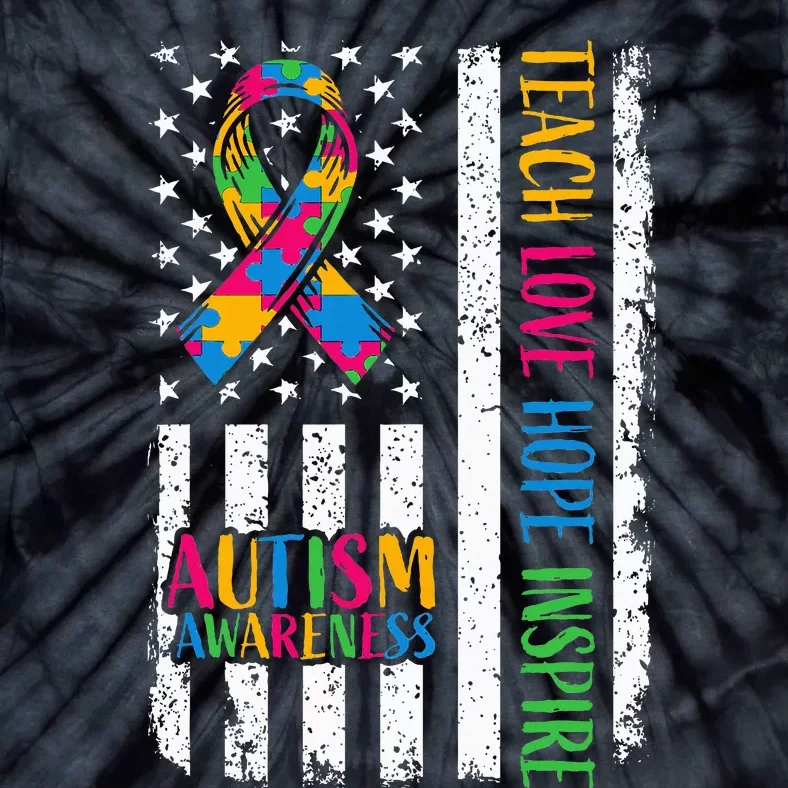 Autism Awareness Ribbon Mom Dad American Flag Autism Tie-Dye T-Shirt