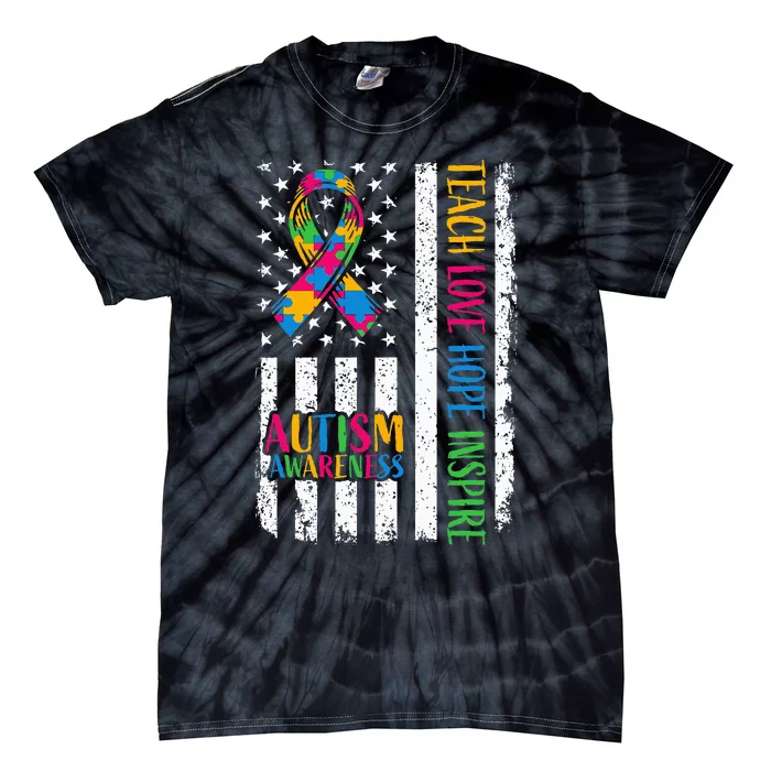 Autism Awareness Ribbon Mom Dad American Flag Autism Tie-Dye T-Shirt