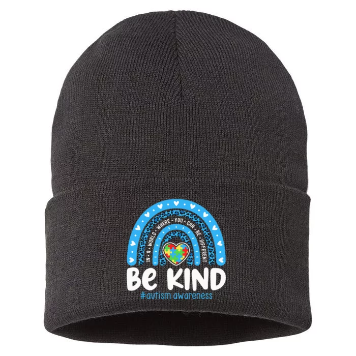 Autism Awareness Rainbow In April We Wear Blue Ribbon Autism Sustainable Knit Beanie