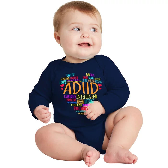 Adhd Awareness Support Add Attention Disorder Love Heart Mom Dad Gifts Baby Long Sleeve Bodysuit