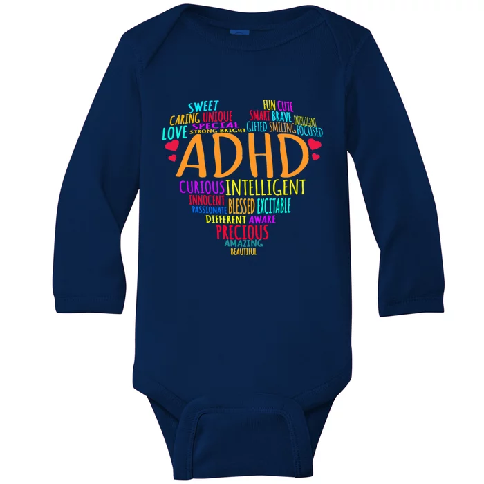 Adhd Awareness Support Add Attention Disorder Love Heart Mom Dad Gifts Baby Long Sleeve Bodysuit