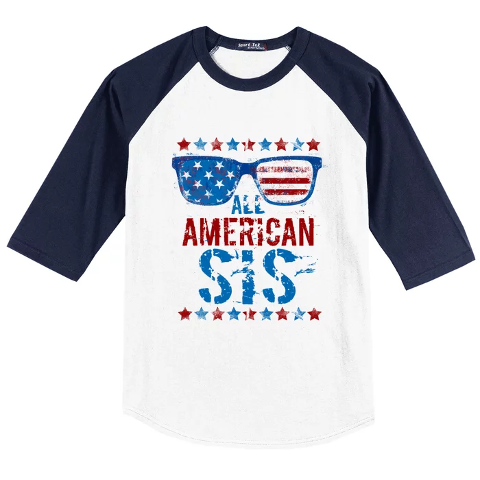 All American Sis 4th Of July Sunglasses Us Flag Gift Baseball Sleeve Shirt