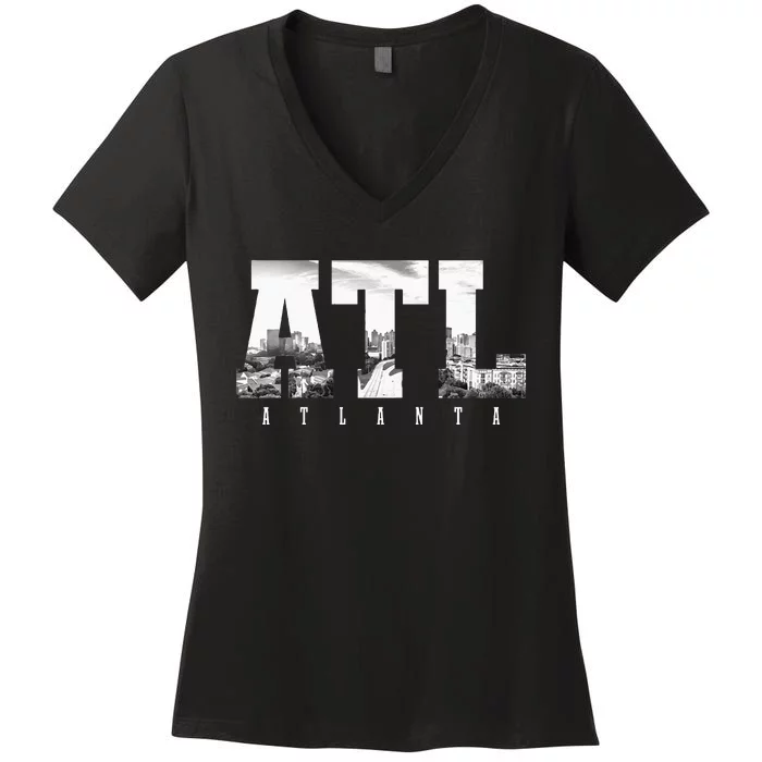 ATL Atlanta Skyline Pride Black & White Vintage Georgia Women's V-Neck T-Shirt