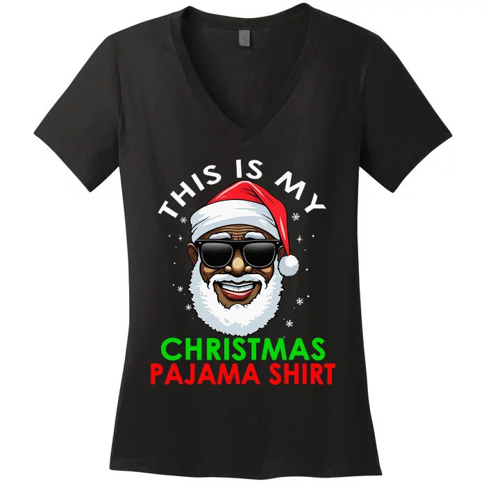 African American Santa Claus Christmas Pajama Women's V-Neck T-Shirt