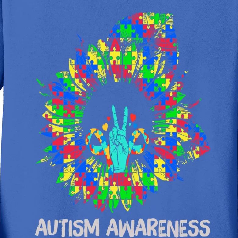 Autism Awareness Sunflower Puzzle Piece Ribbon Cool Gift Kids Long Sleeve Shirt