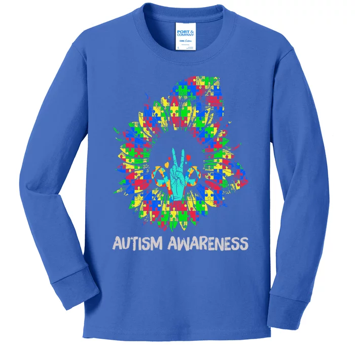 Autism Awareness Sunflower Puzzle Piece Ribbon Cool Gift Kids Long Sleeve Shirt