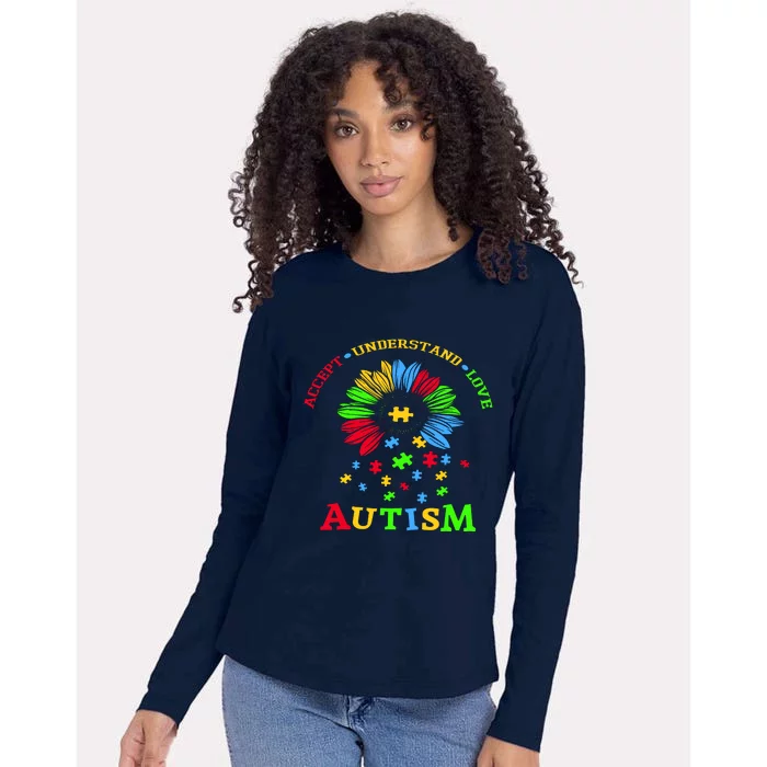 Autism Awareness Sunflower Puzzle Accept Understand Love Womens Cotton Relaxed Long Sleeve T-Shirt