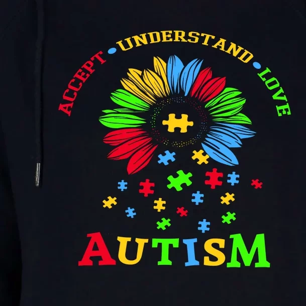 Autism Awareness Sunflower Puzzle Accept Understand Love Womens Funnel Neck Pullover Hood