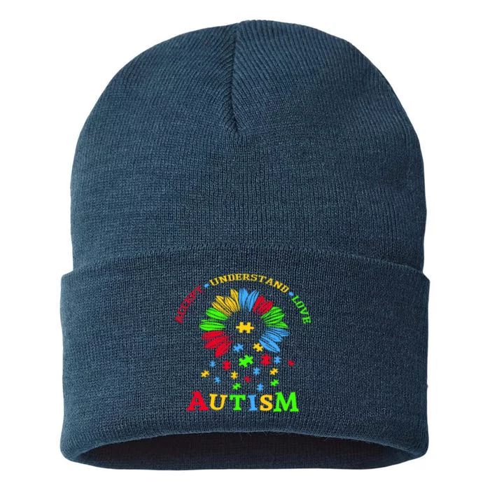 Autism Awareness Sunflower Puzzle Accept Understand Love Sustainable Knit Beanie