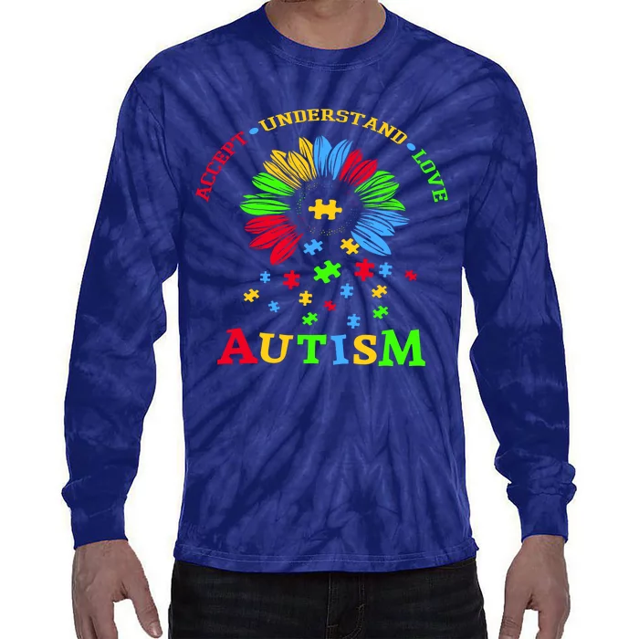 Autism Awareness Sunflower Puzzle Accept Understand Love Tie-Dye Long Sleeve Shirt