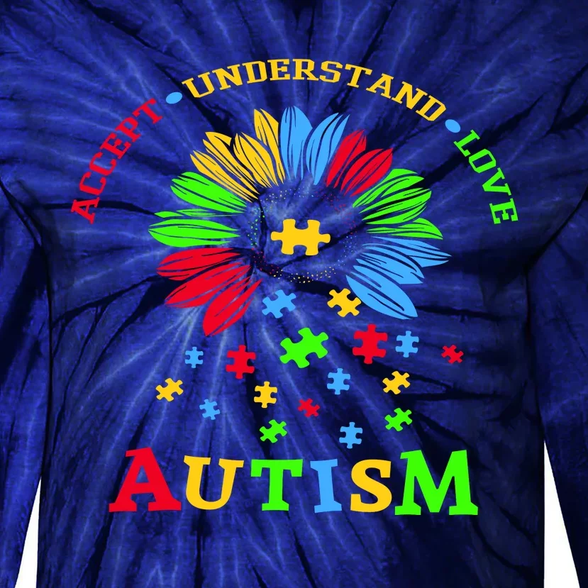 Autism Awareness Sunflower Puzzle Accept Understand Love Tie-Dye Long Sleeve Shirt