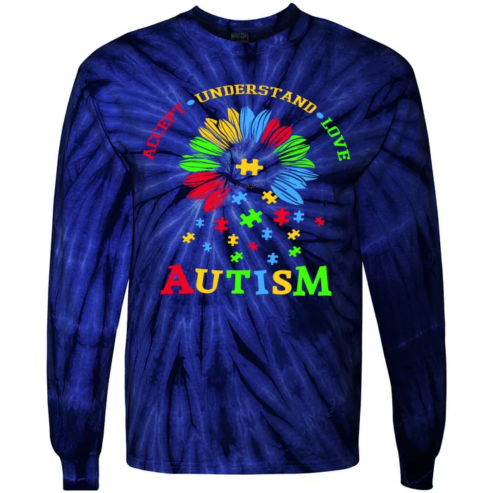 Autism Awareness Sunflower Puzzle Accept Understand Love Tie-Dye Long Sleeve Shirt