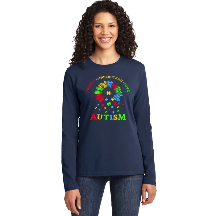 Autism Awareness Sunflower Puzzle Accept Understand Love Ladies Long Sleeve Shirt