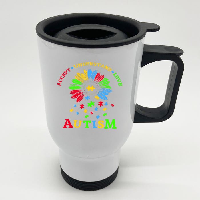 Autism Awareness Sunflower Puzzle Accept Understand Love Front & Back Stainless Steel Travel Mug