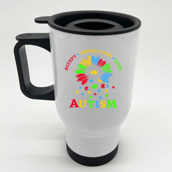 Autism Awareness Sunflower Puzzle Accept Understand Love Front & Back Stainless Steel Travel Mug