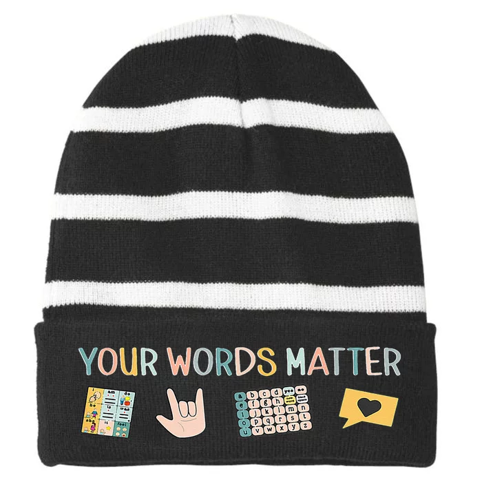 Aac Asl Speech Therapy Pathology Slp Aba Rbt Sign Language Striped Beanie with Solid Band