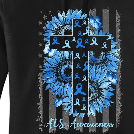 ALS Awareness Sunflower American Flag Cross Women's Pullover Hoodie