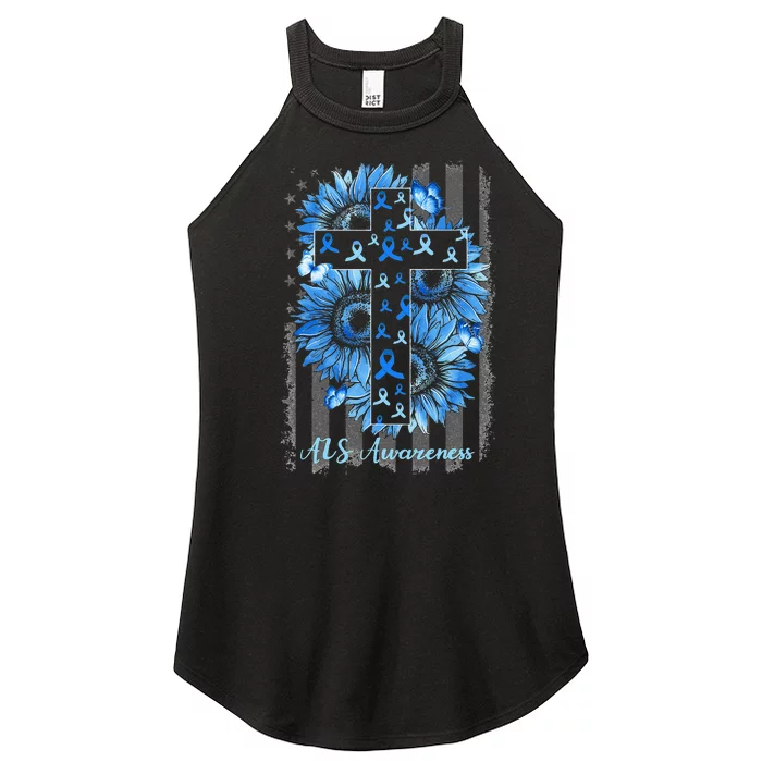 ALS Awareness Sunflower American Flag Cross Women’s Perfect Tri Rocker Tank