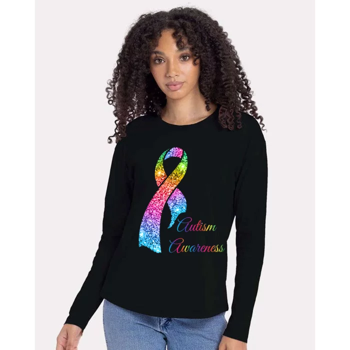 Autism Awareness Sparkle Glitter Ribbon Womens Cotton Relaxed Long Sleeve T-Shirt