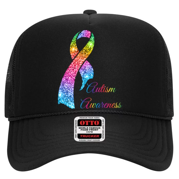 Autism Awareness Sparkle Glitter Ribbon High Crown Mesh Trucker Hat