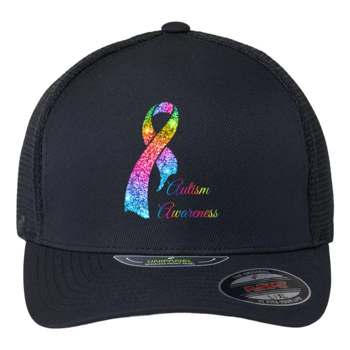 Autism Awareness Sparkle Glitter Ribbon Flexfit Unipanel Trucker Cap