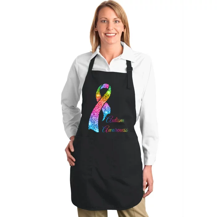 Autism Awareness Sparkle Glitter Ribbon Full-Length Apron With Pocket