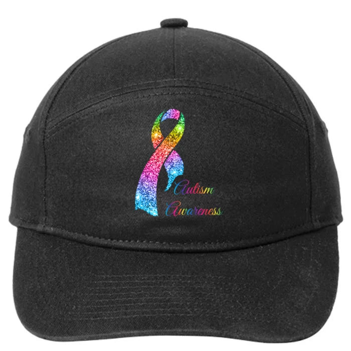 Autism Awareness Sparkle Glitter Ribbon 7-Panel Snapback Hat