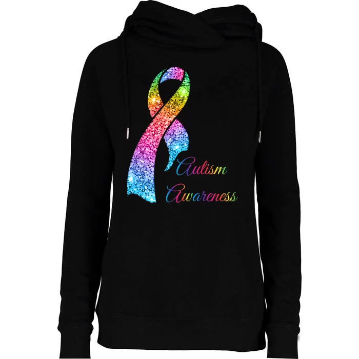 Autism Awareness Sparkle Glitter Ribbon Womens Funnel Neck Pullover Hood