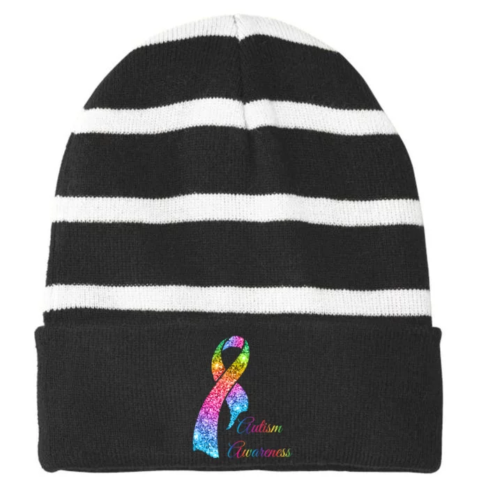 Autism Awareness Sparkle Glitter Ribbon Striped Beanie with Solid Band