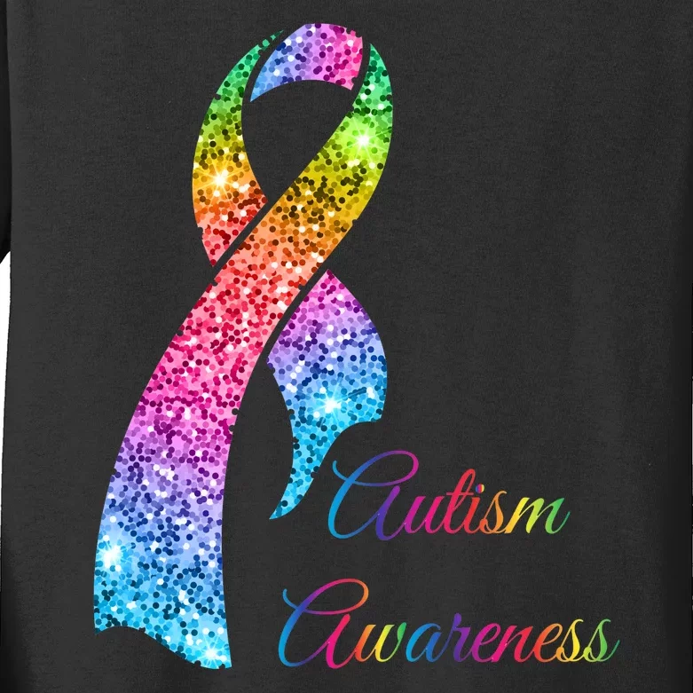 Autism Awareness Sparkle Glitter Ribbon Kids Long Sleeve Shirt