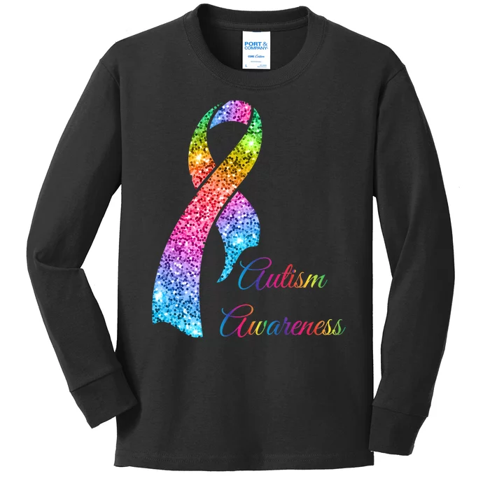 Autism Awareness Sparkle Glitter Ribbon Kids Long Sleeve Shirt