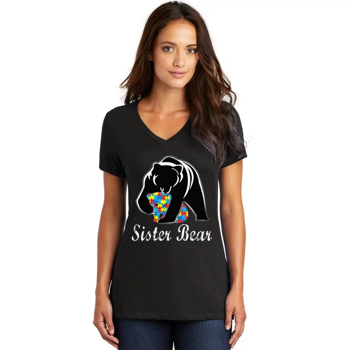 Autism Awareness Sister Bear Support Autistic Adults Women's V-Neck T-Shirt