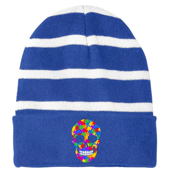 Autism Awareness Skull Autism Autistic Support Awareness Meaningful Gift Striped Beanie with Solid Band