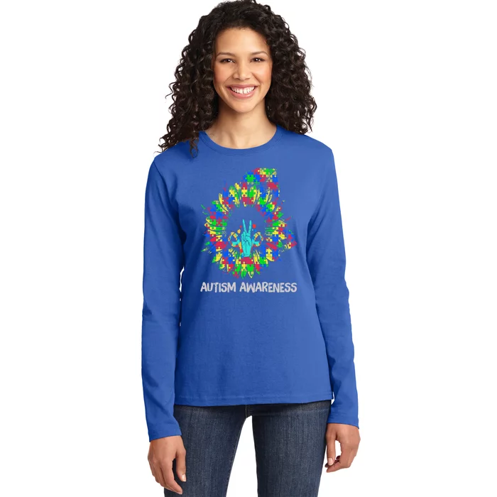 Autism Awareness Sunflower Puzzle Piece Ribbon Great Gift Ladies Long Sleeve Shirt