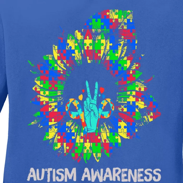 Autism Awareness Sunflower Puzzle Piece Ribbon Great Gift Ladies Long Sleeve Shirt