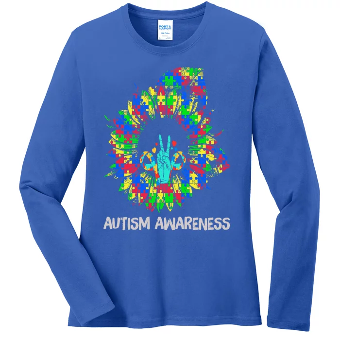 Autism Awareness Sunflower Puzzle Piece Ribbon Great Gift Ladies Long Sleeve Shirt