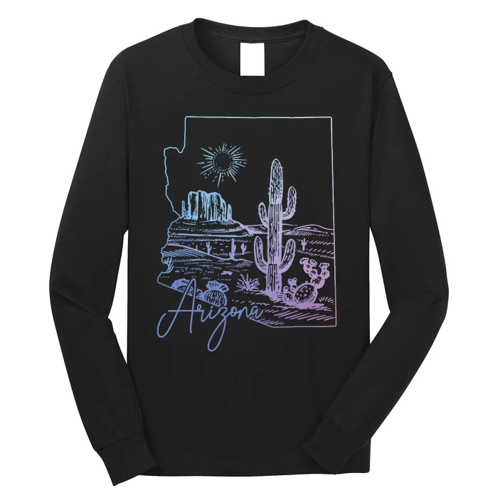 Arizona Az State Map Pride Cactus Vintage Long Sleeve Shirt