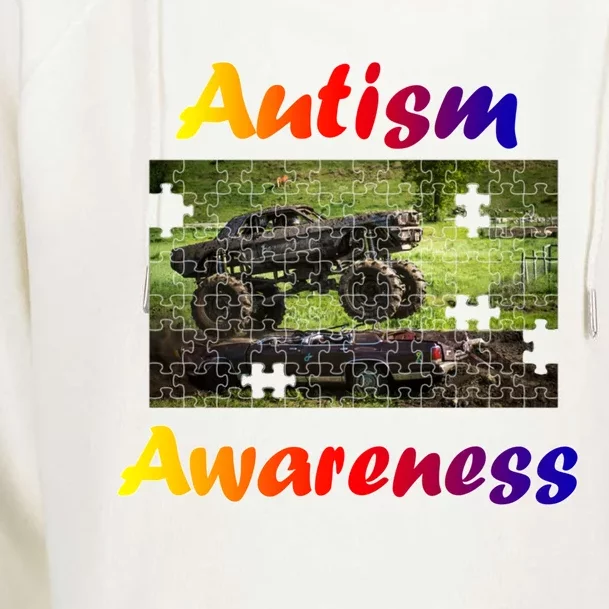 Autism Awareness Speaks Gift Monster Truck Jam Puzzle Piece Gift Womens Funnel Neck Pullover Hood