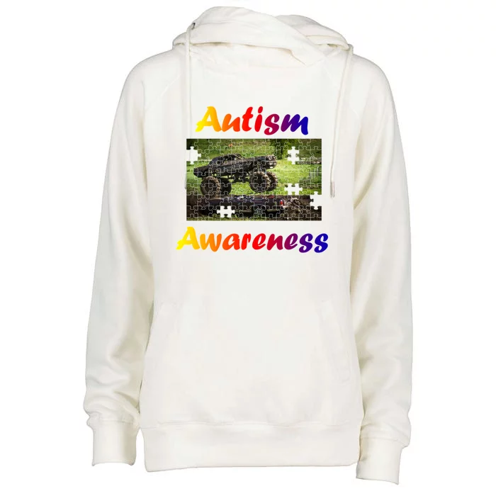 Autism Awareness Speaks Gift Monster Truck Jam Puzzle Piece Gift Womens Funnel Neck Pullover Hood