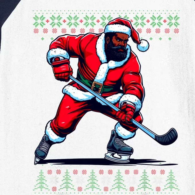 African American Santa Hockey Ugly Christmas Sweater Gift Baseball Sleeve Shirt