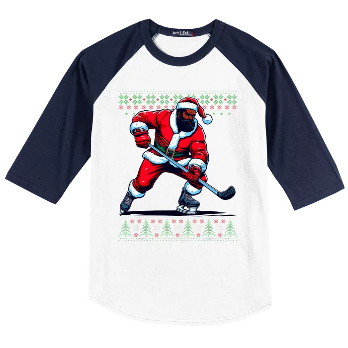 African American Santa Hockey Ugly Christmas Sweater Gift Baseball Sleeve Shirt