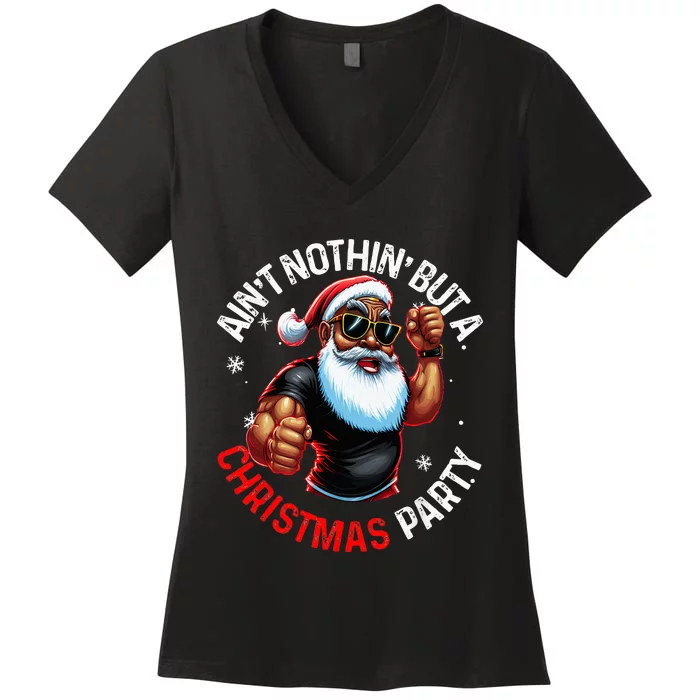 African American Santa Claus Christmas Pajama Women's V-Neck T-Shirt