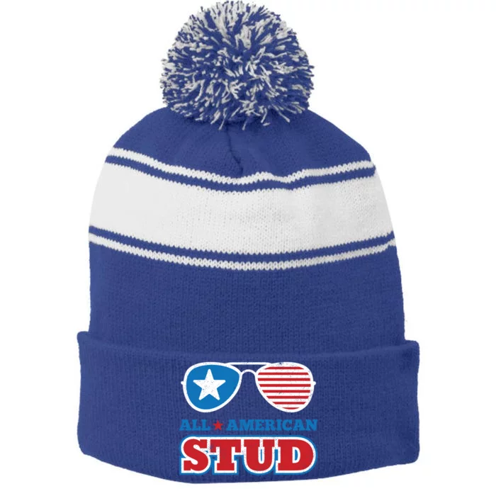 All American Stud Funny 4th Of July Independence Day Gift Stripe Pom Pom Beanie