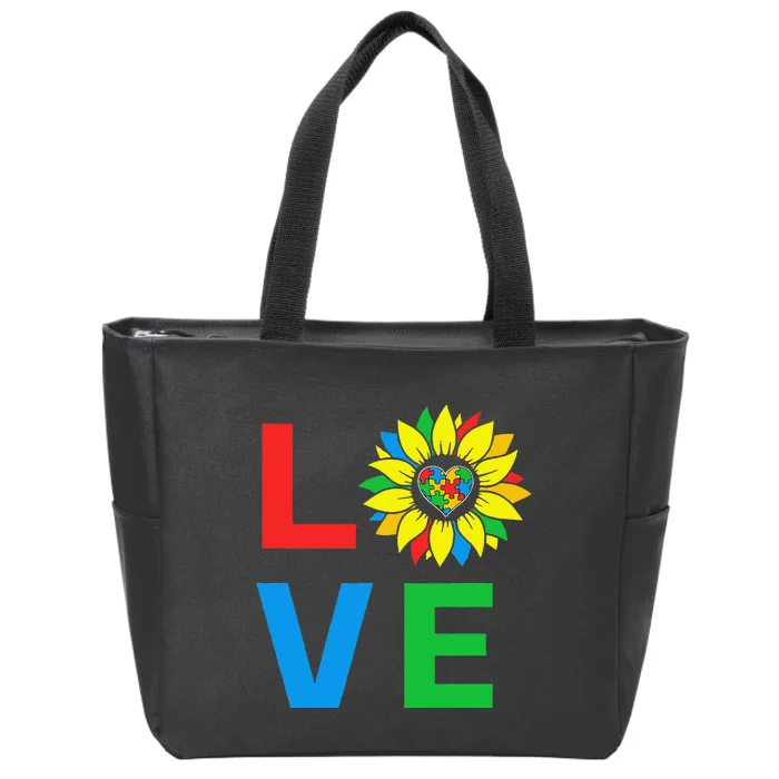 Autism Awareness Sunflower LOVE Puzzle Pieces Heart Gift Zip Tote Bag