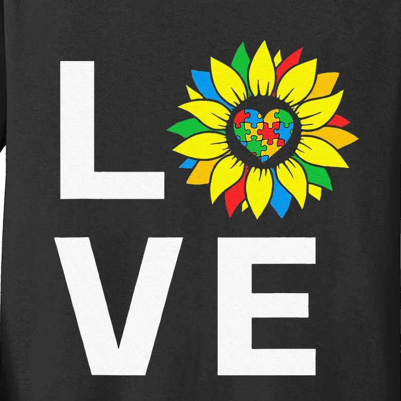 Autism Awareness Sunflower LOVE Puzzle Pieces Heart Kids Long Sleeve Shirt