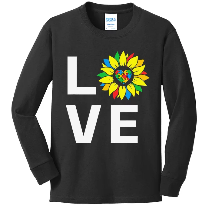 Autism Awareness Sunflower LOVE Puzzle Pieces Heart Kids Long Sleeve Shirt